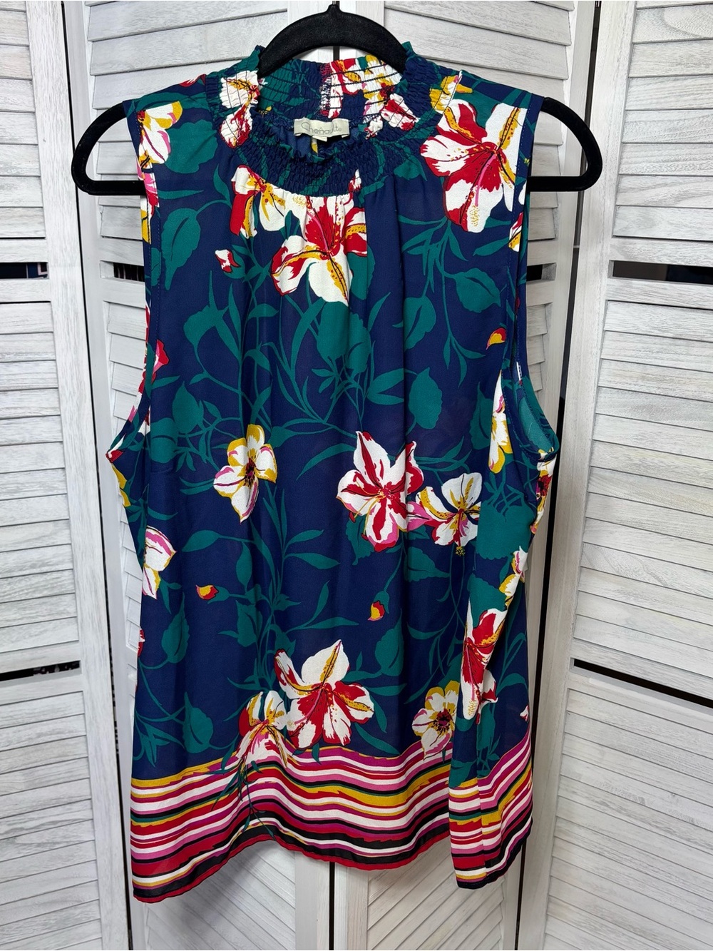Chenault Floral Sleeveless Blouse Women’s 3X Smocked Neck Navy Multicolor